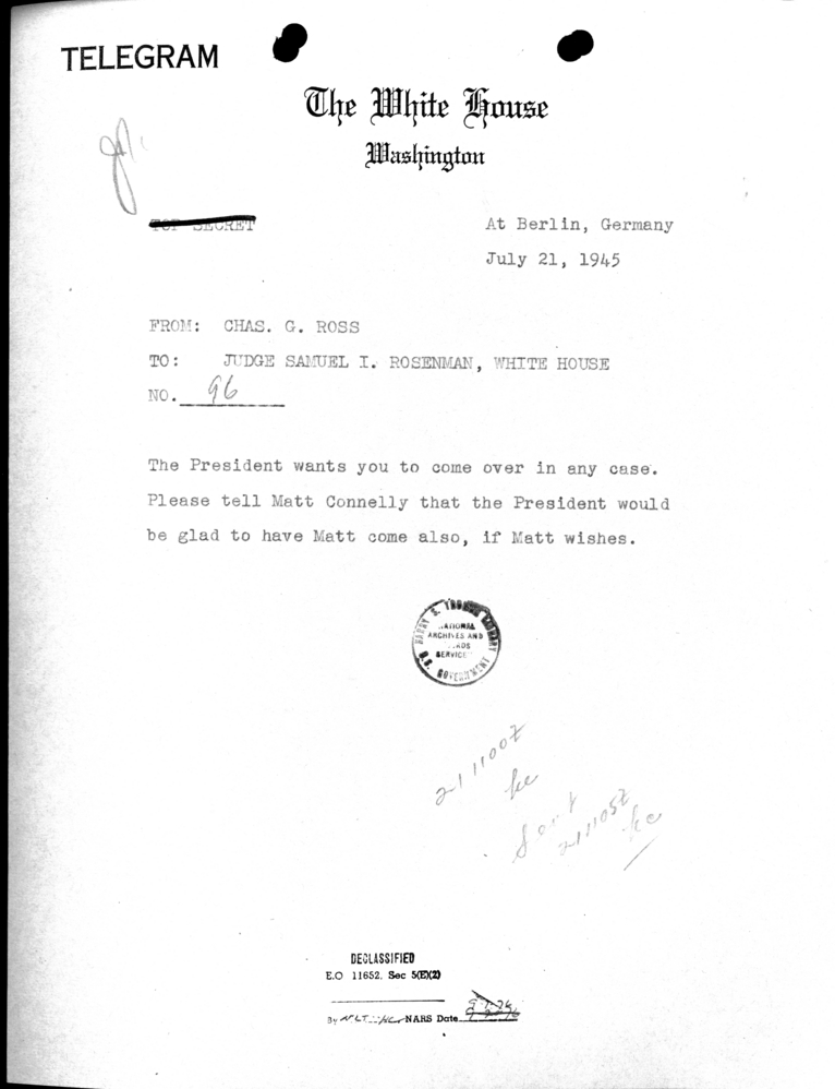 Telegram from Charles G. Ross to Judge Samuel I. Rosenman [96]