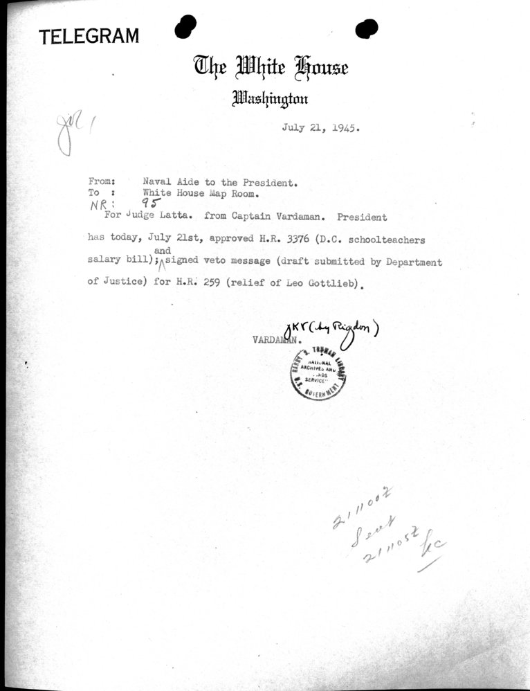 Telegram from the Naval Aide to the President to the White House Map Room [95]