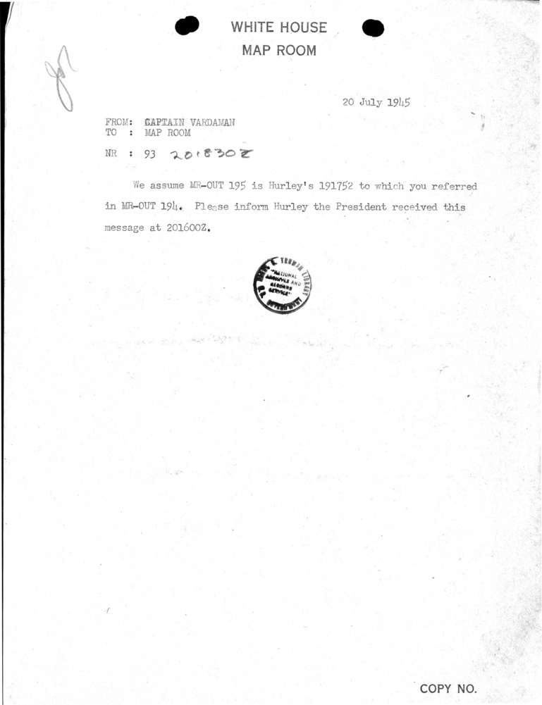 Telegram from Captain James K. Vardaman to the Map Room [93]