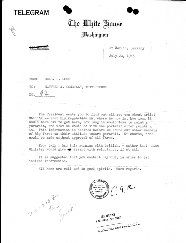 Telegram from Charles Ross to Matthew Connelly [92]
