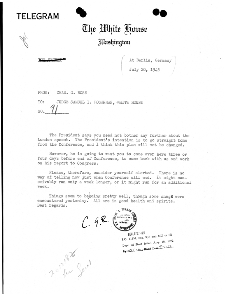 Telegram from Charles Ross to Samuel Rosenman [91]