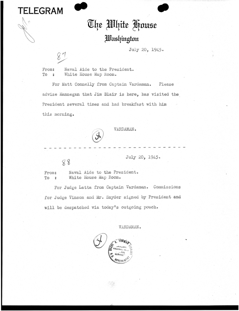 Telegram from Captain James Vardaman to the White House Map Room