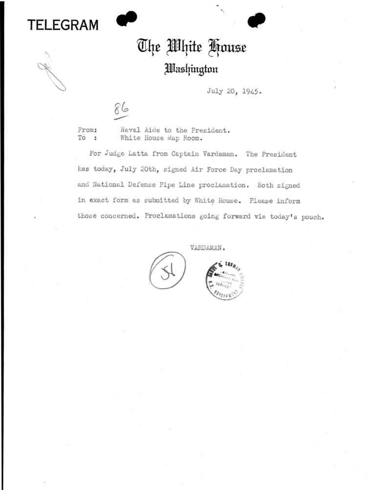 Telegram from the Naval Aide to the President to the White House Map Room