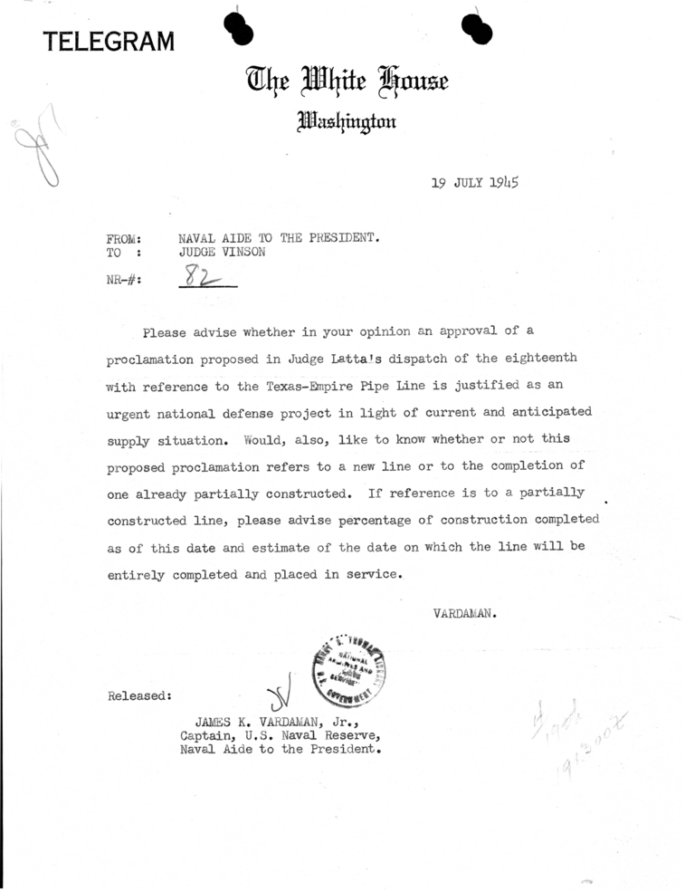 Telegram from Captain James K. Vardaman to Fred Vinson [82]
