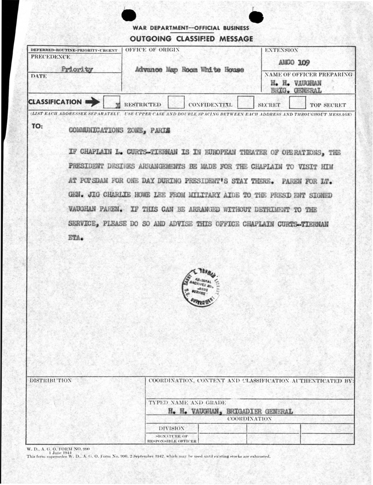 Telegram from the Advance Map Room to the Communications Zone, Paris