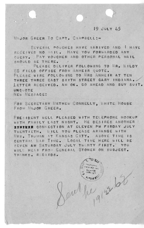 Telegram from Major Greer to Captain Campbell