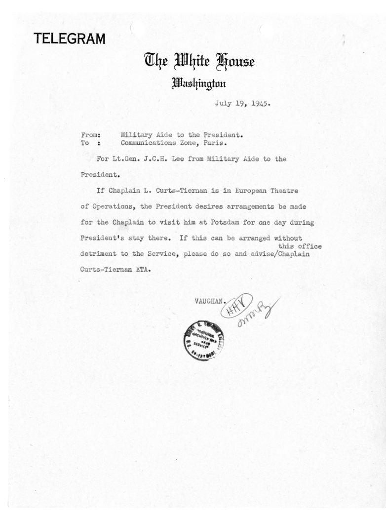 Telegram from the Military Aide to the President to the Communications Zone in Paris