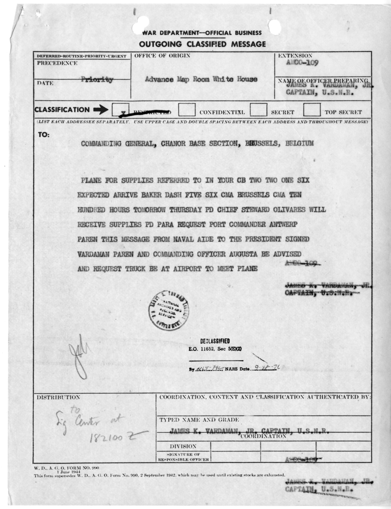 Telegram from Captain James K. Vardaman to Commanding General at Chanor Base Section in Brussels, Belgium
