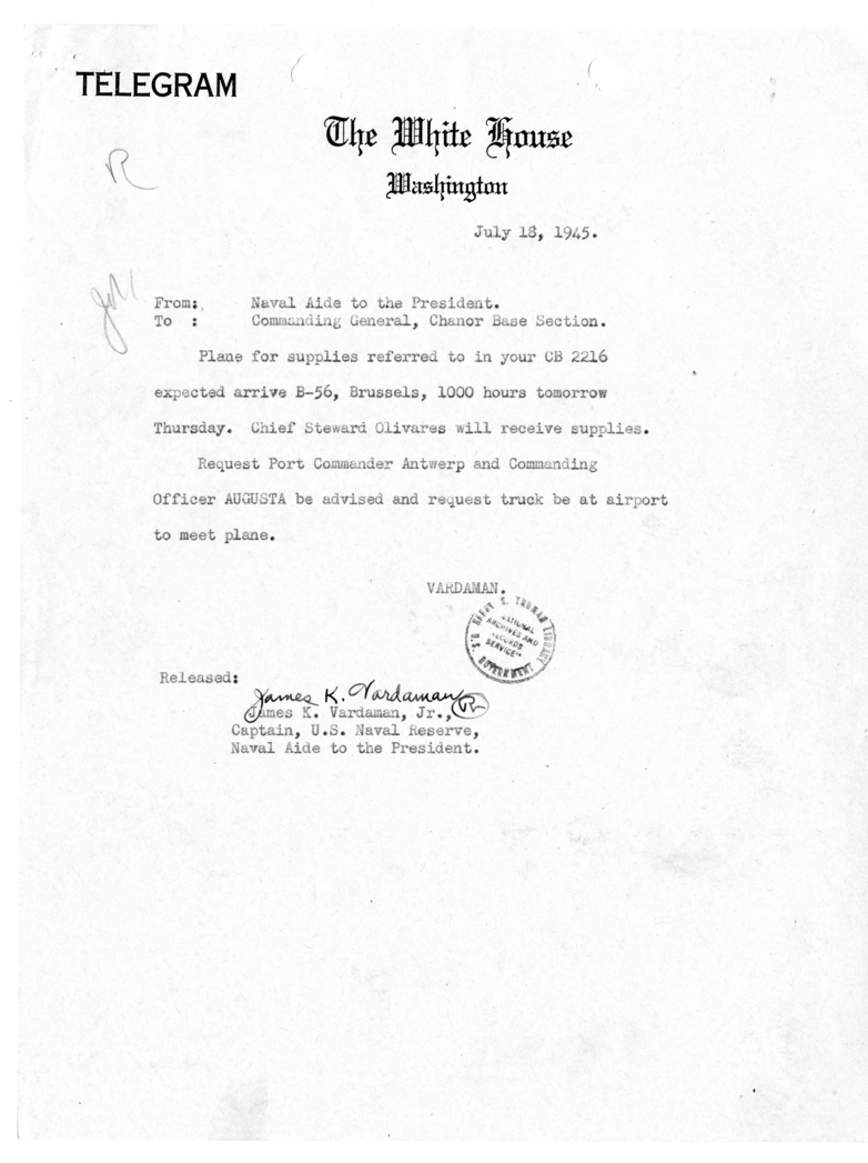 Telegram from Captain James K. Vardaman to Commanding General at Chanor Base Section in Brussels, Belgium