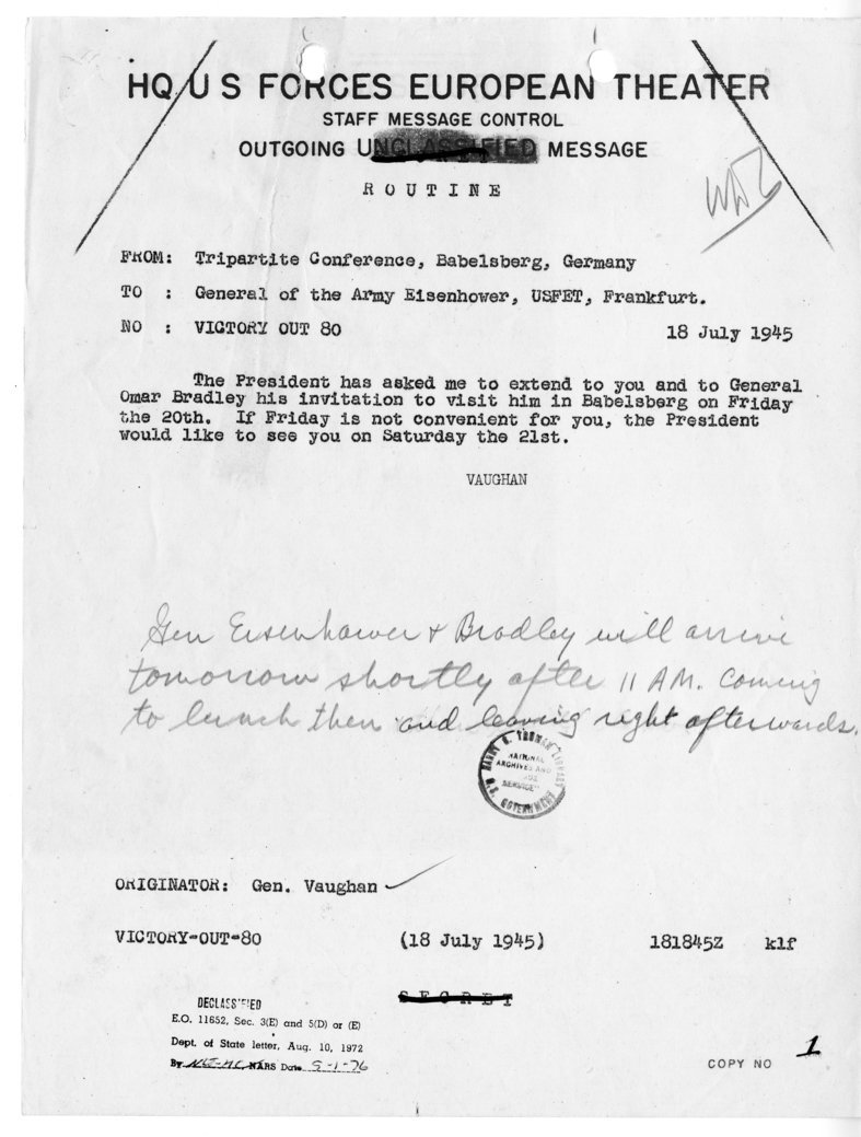 Telegram from the Tripartite Conference to General Dwight Eisenhower