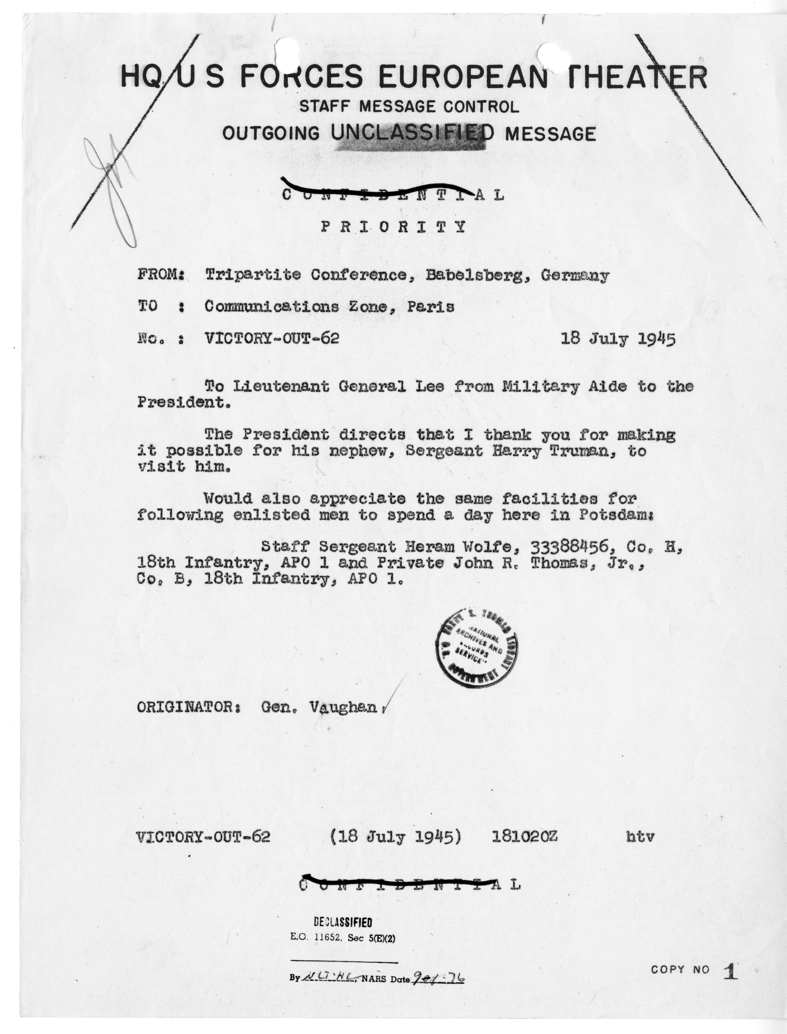 Telegram from the Tripartite Conference in Babelsburg, Germany to the Communications Zone in Paris