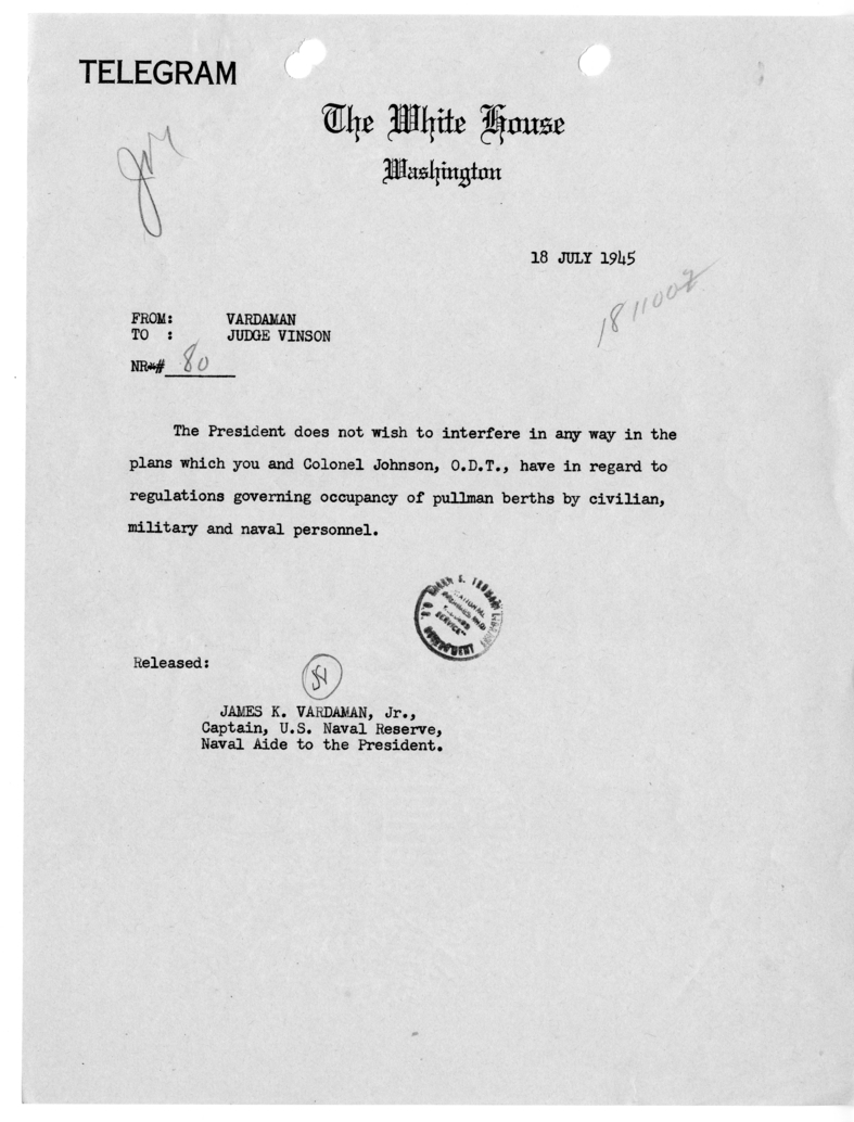 Telegram from James K. Vardaman to Judge Fred Vinson [80]