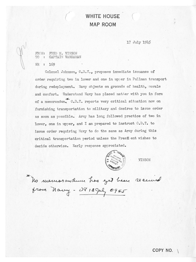 Telegram from Fred M. Vinson to Captain James K. Vardaman [169]