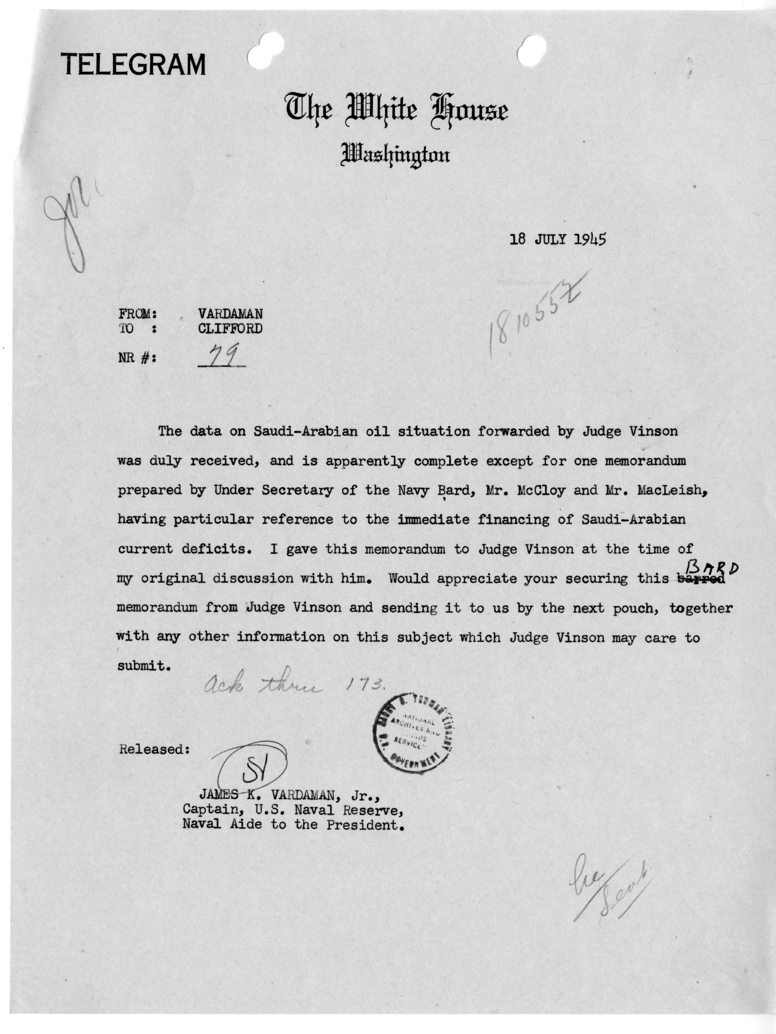 Telegram from James K. Vardaman to Clark Clifford [79]
