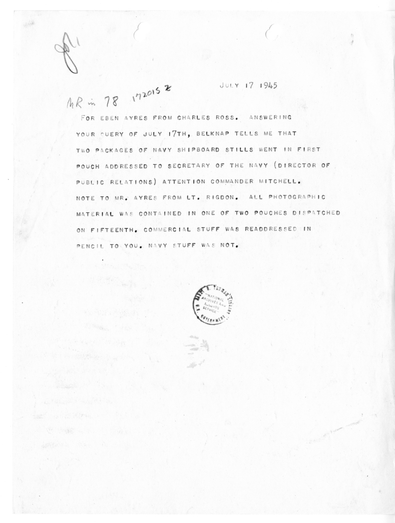 Telegram from Secretary Charles G. Ross to Eben Ayers [MR-IN-78]