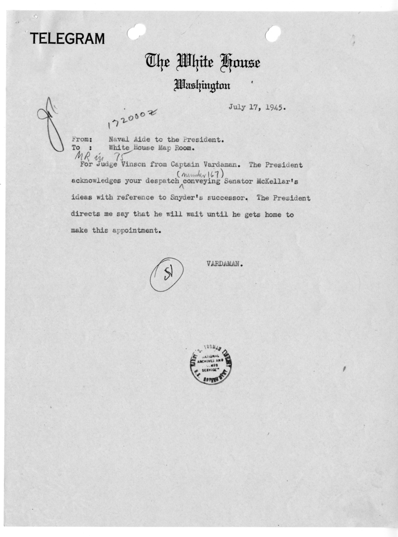 Telegram from the Naval Aide to the President to the White House Map Room [MR-IN-75]