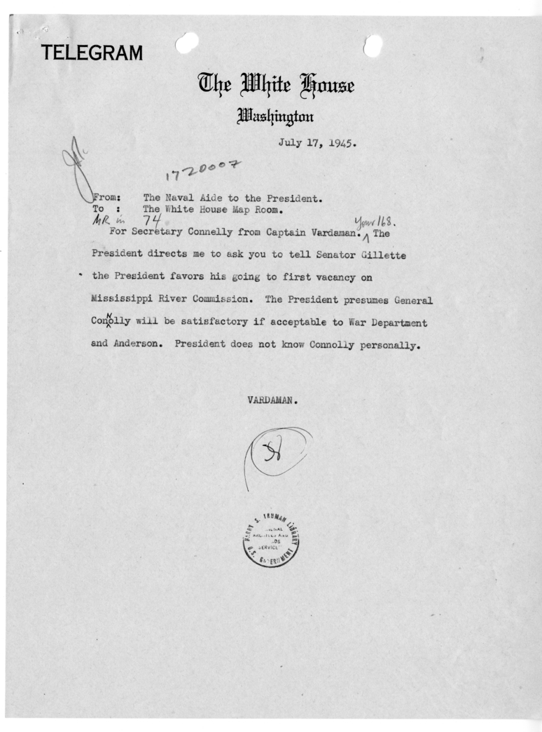 Telegram from the Naval Aide to the President to the White House Map Room [MR-IN-74]