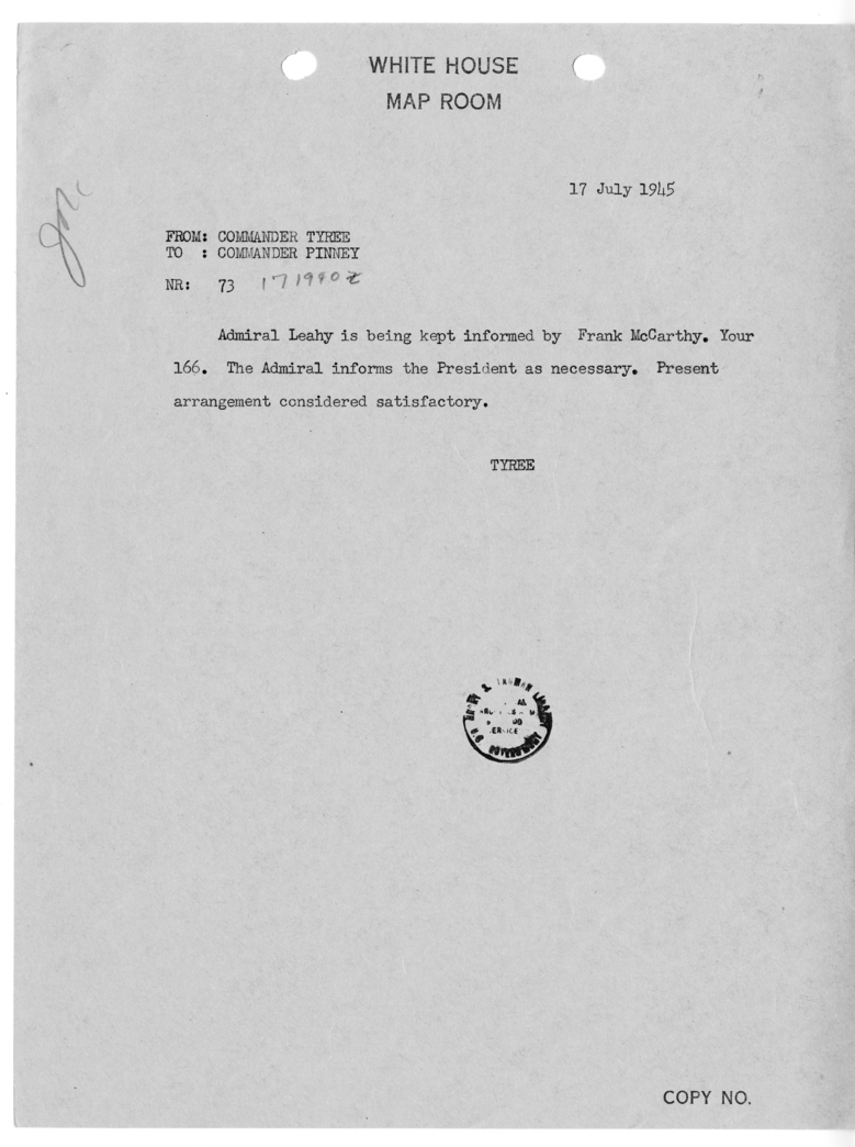 Telegram from Commander John A. Tyree to Commander Pinney [73]