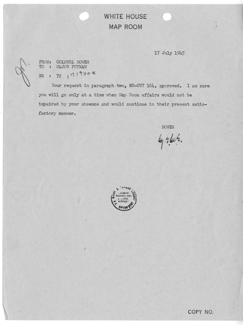 Telegram from Colonel Bowen to Major Putnam [72]