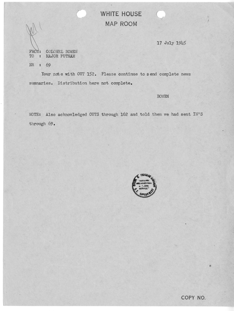 Telegram from Colonel Bowen to Major Putnam [69]