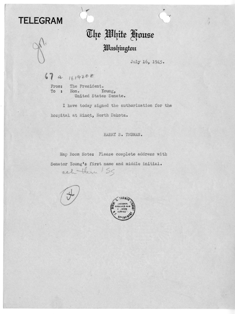 Telegram from President Harry S. Truman to Senator Young