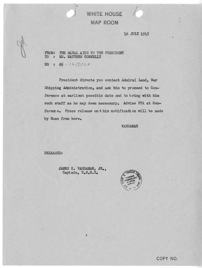 Telegram from Captain James K. Vardaman to Matthew J. Connelly [65]