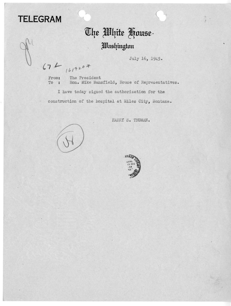 Telegram from President Harry S. Truman to Congressman Mike Mansfield