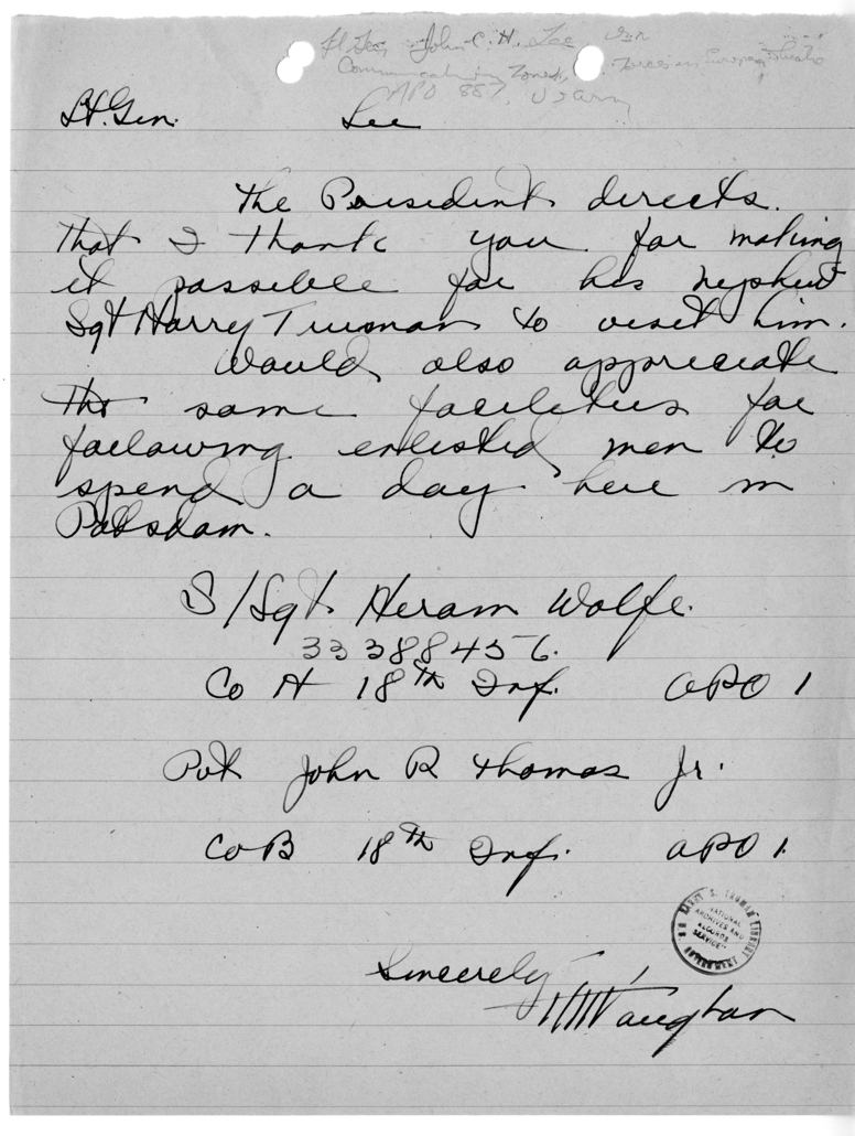 Handwritten Note from Harry H. Vaughan to Lieutenant General Lee
