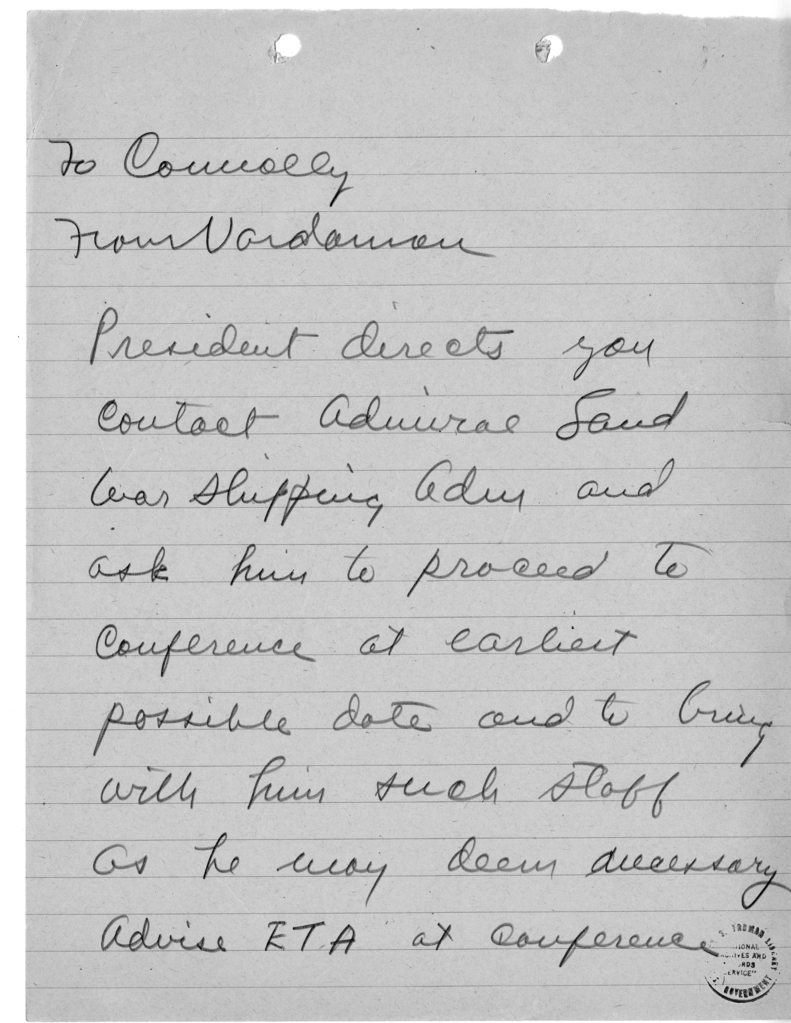 Handwritten Note from Captain James Vardaman to Matthew Connelly
