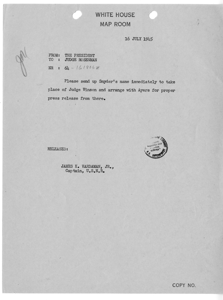 Telegram from President Harry S. Truman to Judge Samuel Rosenman [64]