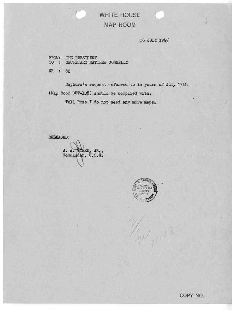Telegram from President Harry S. Truman to Secretary Matthew J. Connelly [62]