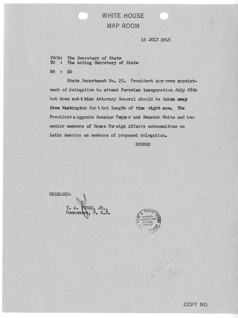 Telegram from Secretary of State James Byrnes to Acting Secretary of State Joseph Grew [60]