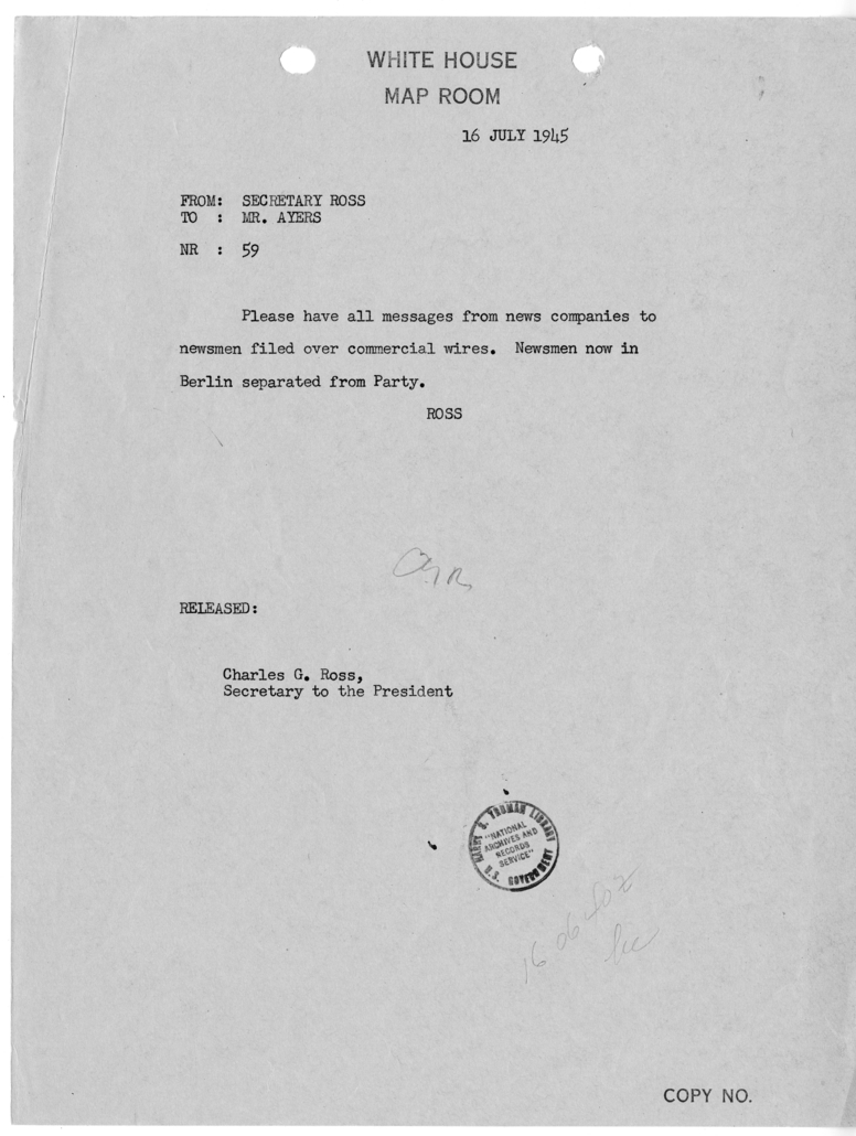 Telegram from Secretary Charles G. Ross to Eben A. Ayers [59]