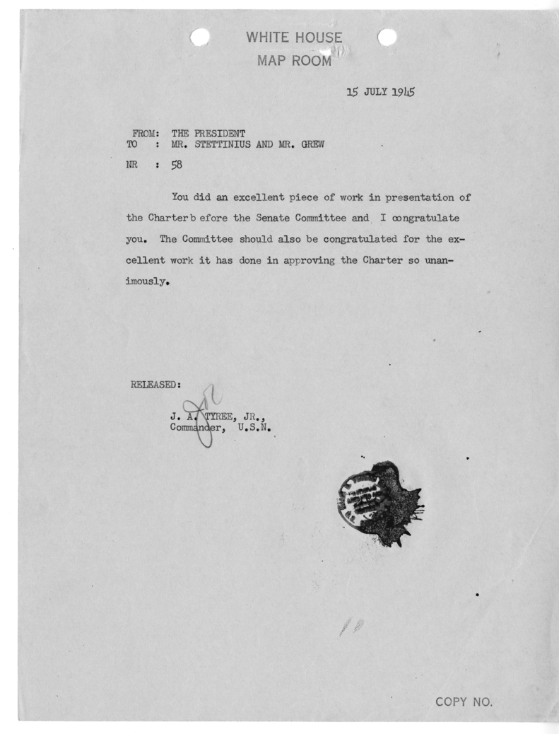 Telegram from President Harry S. Truman to Edward Stettinius and Acting Secretary of State Joseph Grew [58]