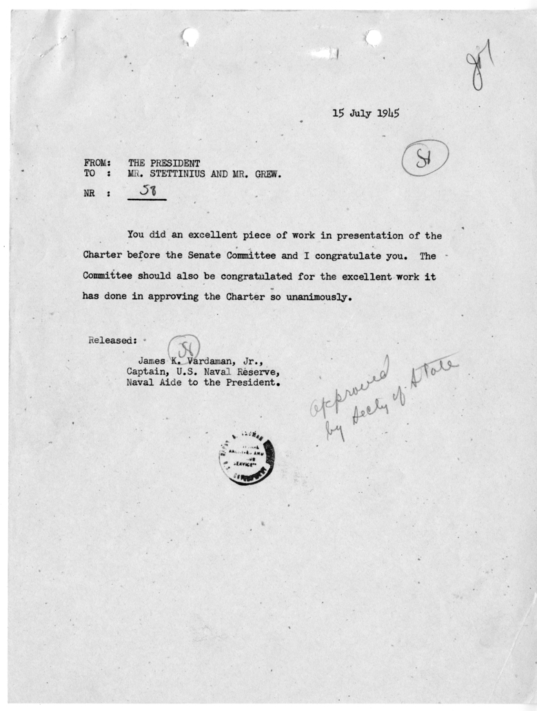 Telegram from President Harry S. Truman to Acting Secretary of State Joseph Grew and Edward Stettinius [58]