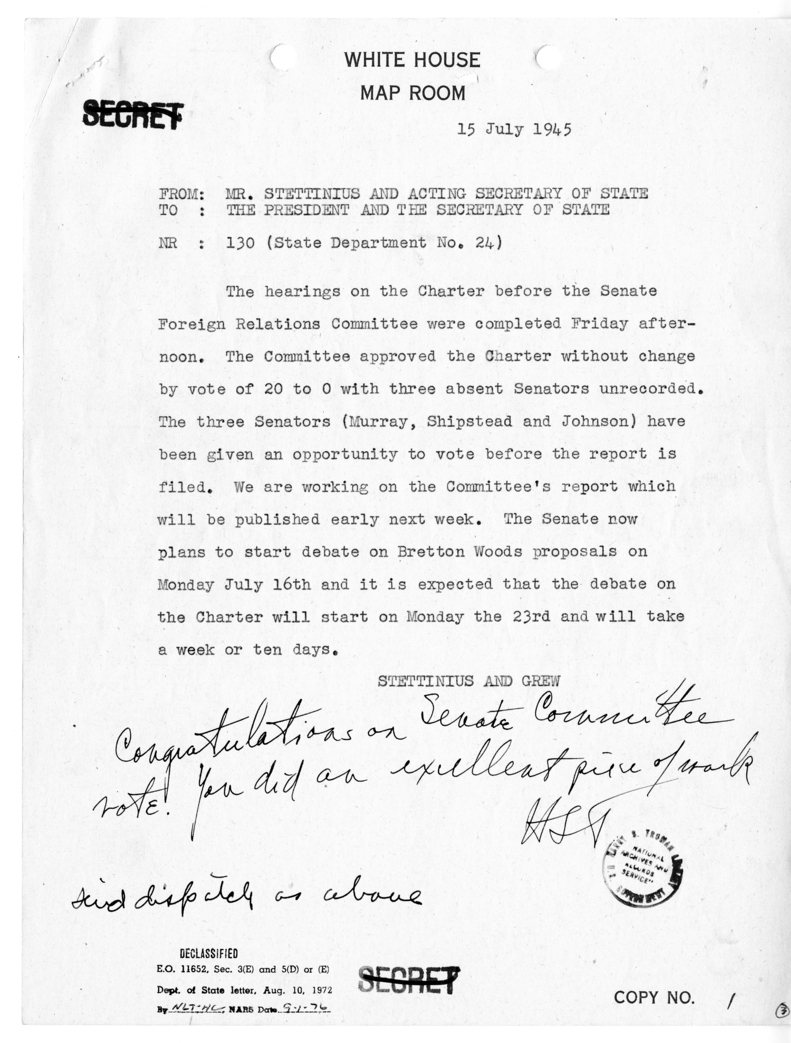Telegram from President Harry S. Truman to Acting Secretary of State Joseph Grew and Edward Stettinius [58]