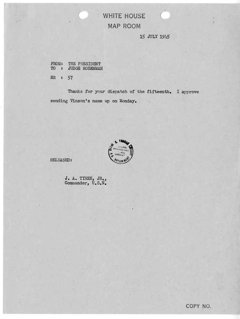 Telegram from President Harry S. Truman to Samuel I. Rosenman [57]