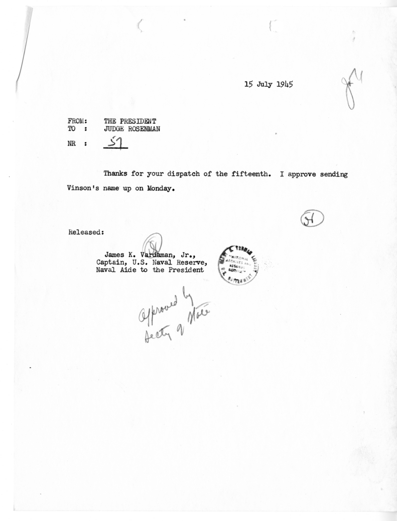 Telegram from President Harry S. Truman to Judge Samuel I. Rosenman [57]