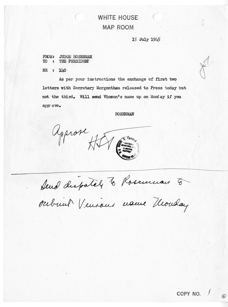 Telegram from Judge Samuel I. Rosenman to President Harry S. Truman [140]