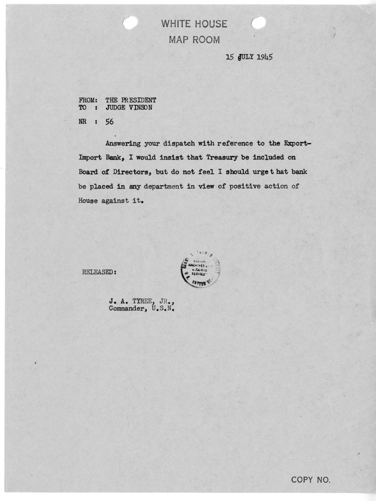 Telegram from President Harry S. Truman to Fred Vinson [56]