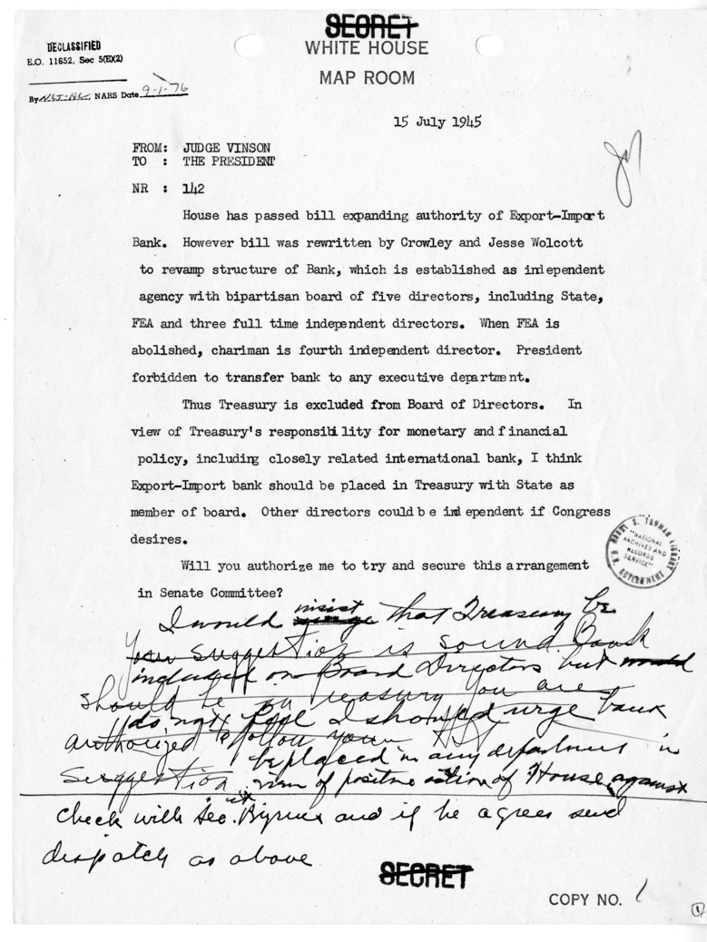 Telegram from Judge Fred Vinson to President Harry S. Truman [142]
