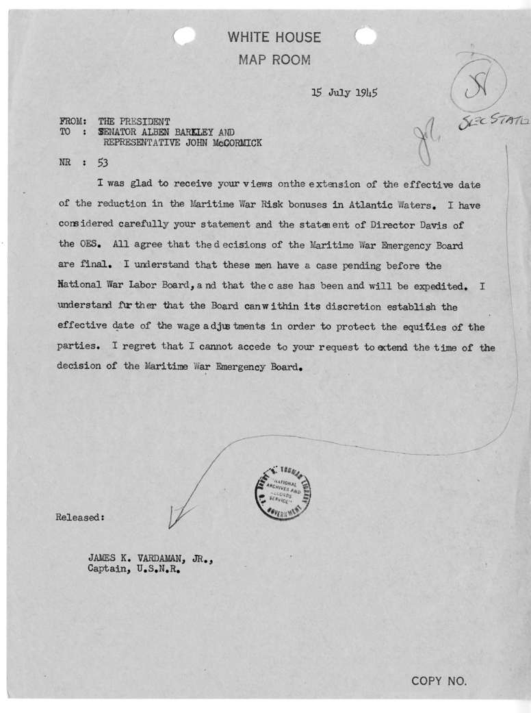 Telegram from President Harry S. Truman to Senator Alben Barkley and Congressman John W. McCormack [53]