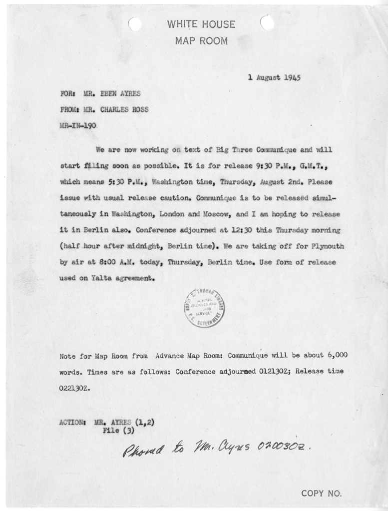 Telegram from Eben Ayers to Charlie Ross [MR-IN-190]