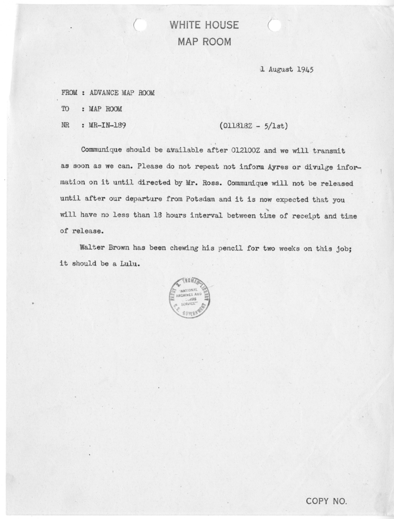 Telegram from the Advance Map Room to the Map Room [MR-IN-189]