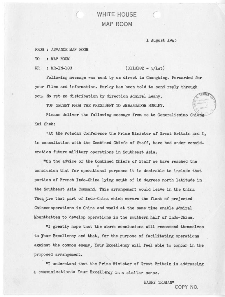 Telegram from the Advance Map Room to the Map Room [MR-IN-188]