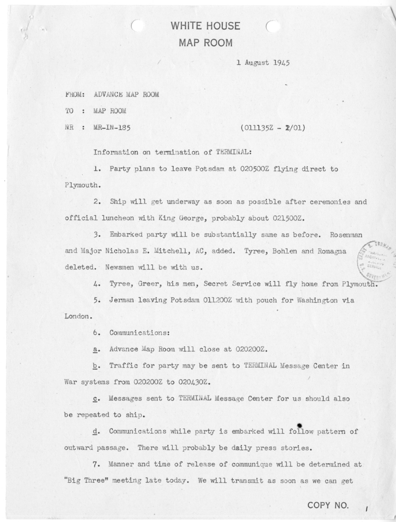 Memorandum from Advance Map Room to the White House Map Room [MR-IN-185]