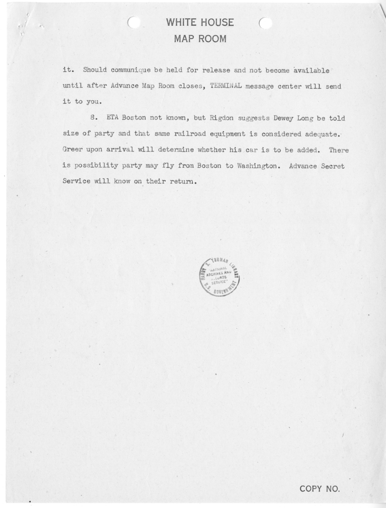 Memorandum from Advance Map Room to the White House Map Room [MR-IN-185]