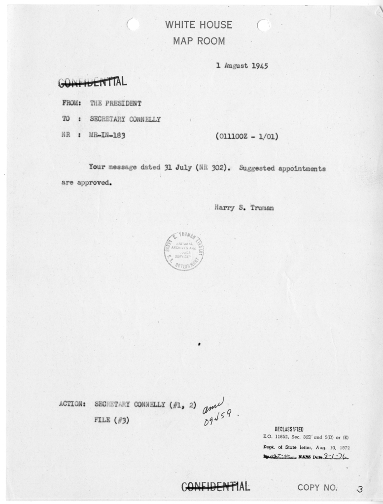 Memorandum from President Harry S. Truman to Matthew J. Connelly [MR-IN-183]