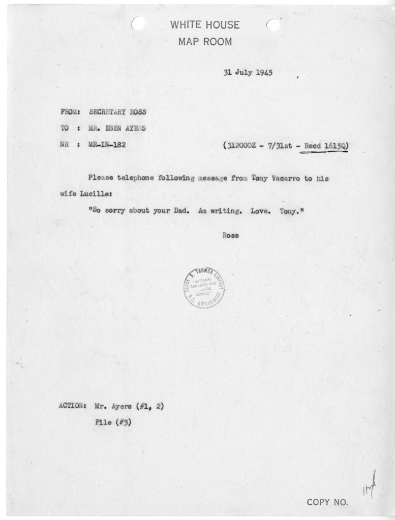 Telegram from Secretary Charles G. Ross to Eben Ayers [MR-IN-182]