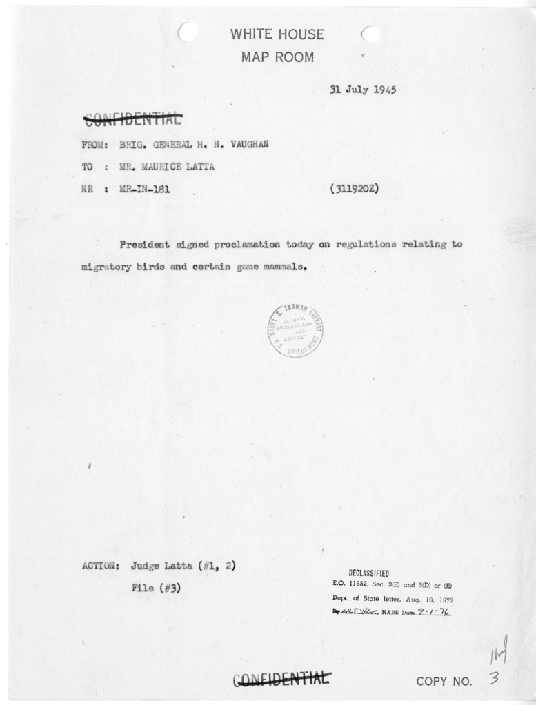 Telegram from Brigadier General Harry Vaughan to Maurice Latta [MR-IN-181]
